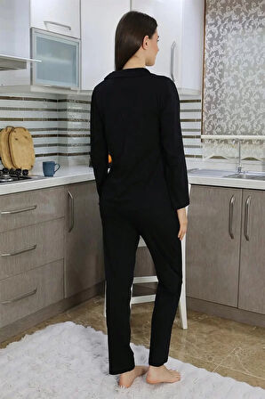 Moda Kadın Pamuk Penye Önden Düğmeli Uzun Kol Pijama Takım Siyah
