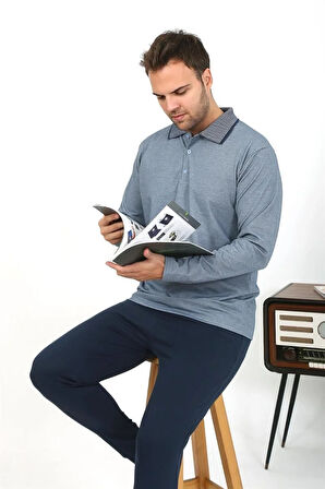 Moda Erkek Polo Yaka Uzun Kol Penye Pijama Takımı Gri