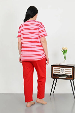 Moda Kadın Büyük Beden Kısa Kol Penye Pijama Takımı Kırmızı