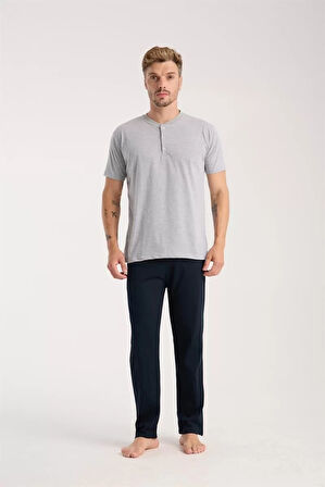 Moda Erkek Gri Düğmeli Yaka Kısa Kol Pijama Takımı