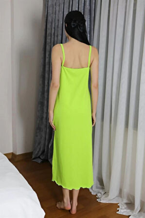 Moda Kadın İp Askılı Uzun Yırtmaçlı Pamuk Penye Gecelik Yeşil