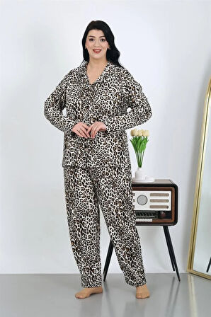 Moda Kadın Büyük Beden Pamuklu Cepli Düğmeli Kahve Pijama Takım