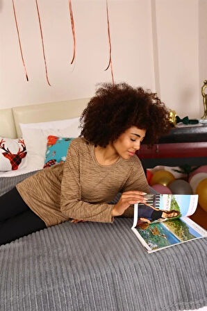 Moda Kadın Uzun Kol Penye Pijama Takım Sütlü Kahve