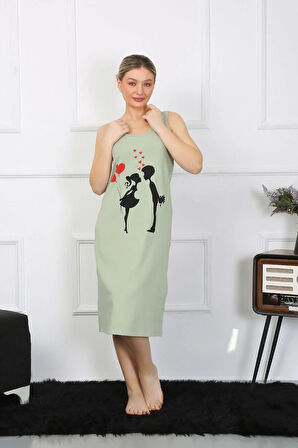 Moda Kadın Kalın Askılı Penye Uzun Fıstık Yeşili Gecelik