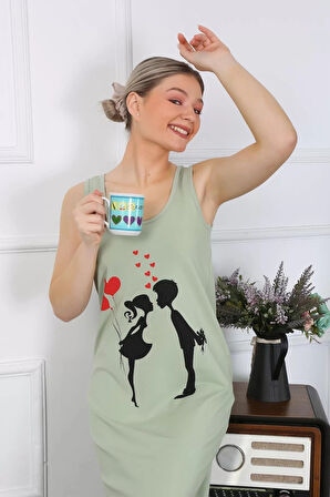 Moda Kadın Kalın Askılı Penye Uzun Fıstık Yeşili Gecelik