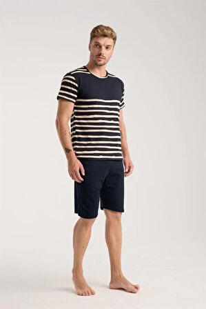 Moda Erkek Lacivert Sıfır Yaka Kısa Kol Şortlu Pijama Takımı