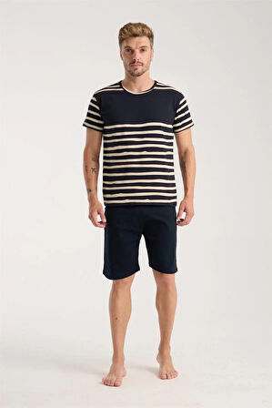 Moda Erkek Lacivert Sıfır Yaka Kısa Kol Şortlu Pijama Takımı