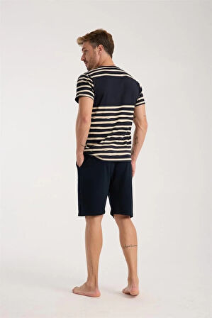 Moda Erkek Lacivert Sıfır Yaka Kısa Kol Şortlu Pijama Takımı