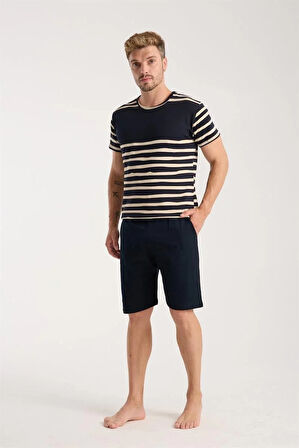 Moda Erkek Lacivert Sıfır Yaka Kısa Kol Şortlu Pijama Takımı