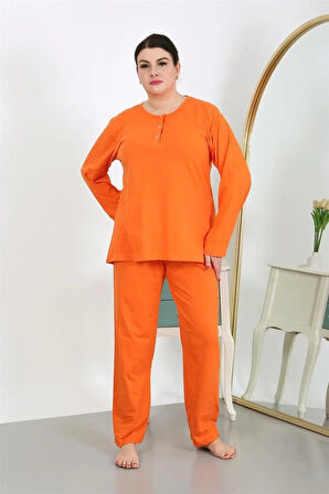 Moda Kadın Büyük Beden Uzun Kol Penye Pijama Takımı Turuncu