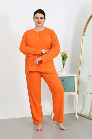 Moda Kadın Büyük Beden Uzun Kol Penye Pijama Takımı Turuncu