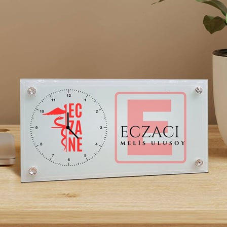 Eczacılara Özel İsim Yazılı Cam Saat - Logolu Eczane Masası Saati