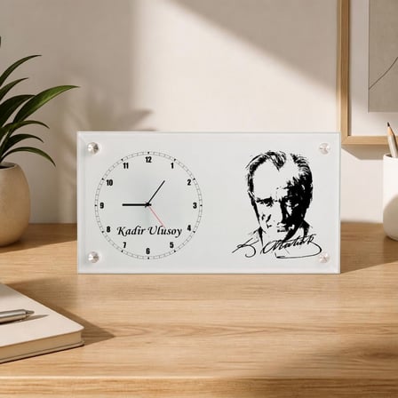 Atatürk Silüetli ve İmzalı Kişiye Özel Cam Masa Saati