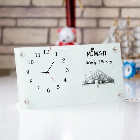 Mimara Özel Hediye Cam Masa Saati ve Ofis İsimliği