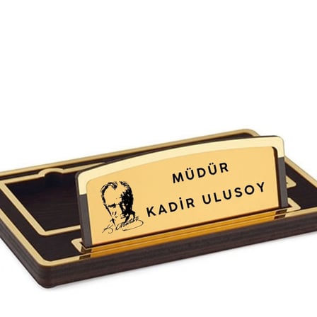 Kişiye Özel Atatürk Silüetli Ahşap Gold Masa İsimliği - Müdüre, Yöneticiye Ofis Hediyesi Lüks İsimlik