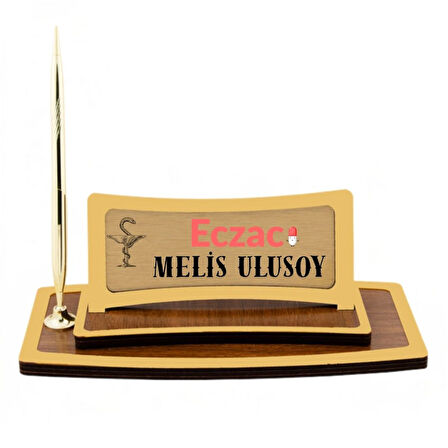 Eczacılara Özel Kişiye Özel Masa İsimliği | Altın Detaylı Ahşap Ofis Aksesuarı