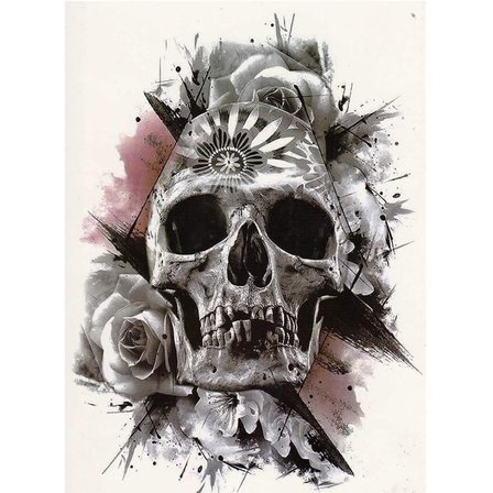 Kuru Kafa Ve Gül Desenli Geçici Dövme - Büyük Boy Su Geçirmez Realistik Skull Tattoo