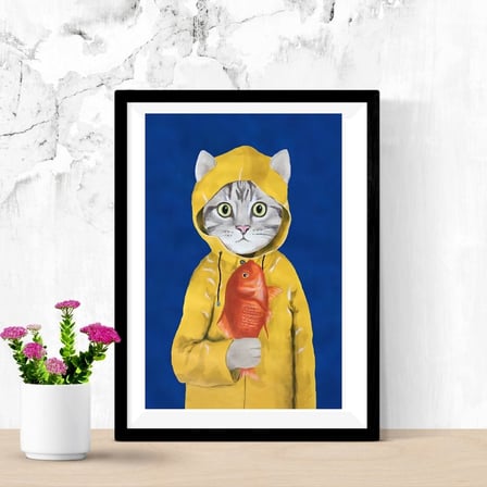 Sarı Yağmurluklu Kedi Temalı Dekoratif Tablo Sök Tak Çerçeve