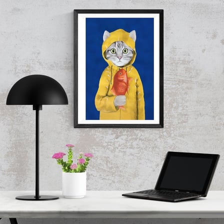 Sarı Yağmurluklu Kedi Temalı Dekoratif Tablo Sök Tak Çerçeve