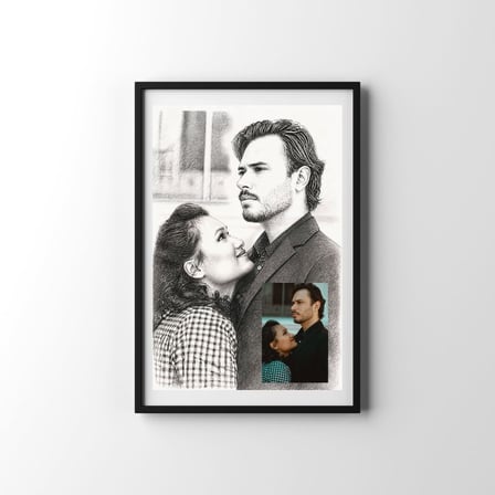 Sevgiliye Hediye Fotoğraftan Karakalem Resim Baskılı Yapışkanlı Çerçeve