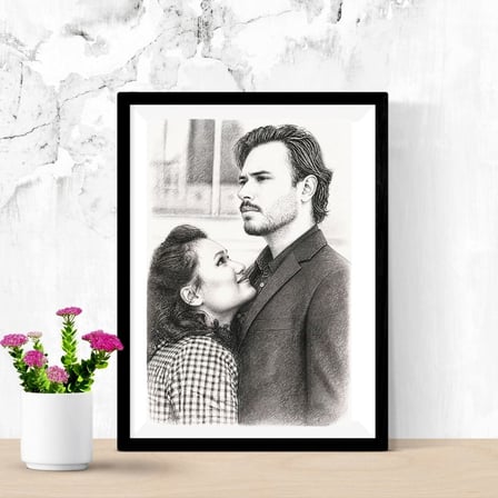 Sevgiliye Hediye Fotoğraftan Karakalem Resim Baskılı Yapışkanlı Çerçeve