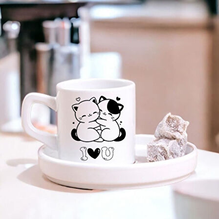 Sevimli Çift Kedili I Love U Tasarımlı Türk Kahve Fincanı – Hediyelik Tekli Fincan