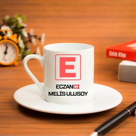 Eczacıya Hediye E Amblemli İsme Özel Kahve Fincanı Tekli