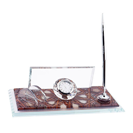 Kişiye Özel Türk Bayrak Tasarımlı Kristal Masa İsimliği - Kalemli ve Saatli Hediye