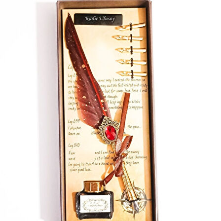 Kişiye Özel Retro Tüylü Divit Kalem Seti - Özel Kutulu Yazı Kalemi ve Mürekkep Seti