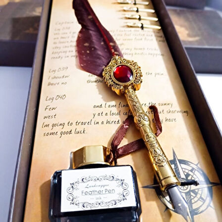 Kişiye Özel Retro Tüylü Divit Kalem Seti - Özel Kutulu Yazı Kalemi ve Mürekkep Seti