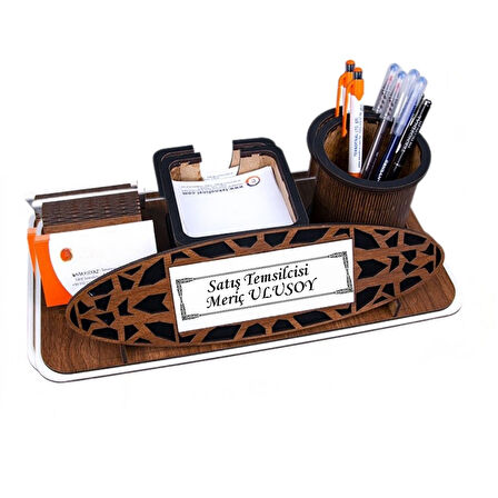 Kişiye Özel İsimli Ahşap Masa Üstü İsimlik | Kalemlik ve Kartvizitlikli