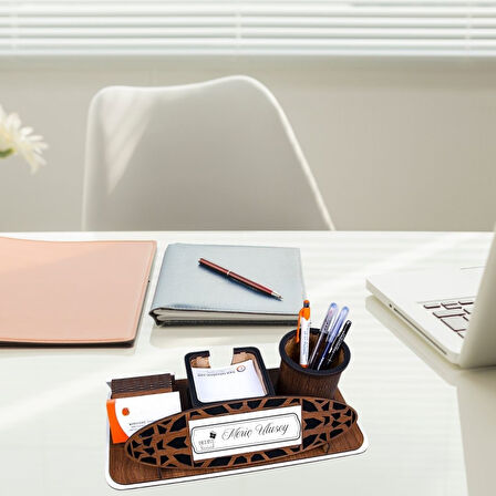 Kişiye Özel Logolu Ahşap Masa Üstü İsimlik | Kalemlik ve Kartvizitlikli