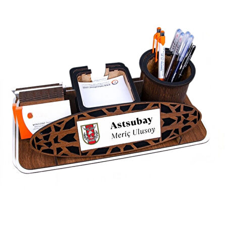 Askeri Personele Özel Logolu Ahşap Masa Üstü İsimlik | Kalemlik ve Kartvizitlikli