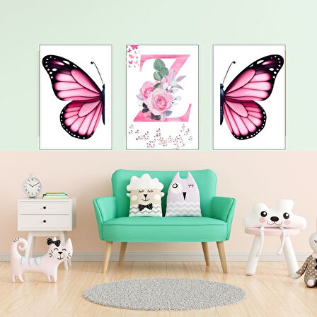 Kız Çocuk Odası İçin Pembe Kelebek ve Harf Tasarımlı Çerçevesiz Duvar Posteri