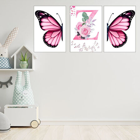 Kız Çocuk Odası İçin Pembe Kelebek ve Harf Tasarımlı Çerçevesiz Duvar Posteri