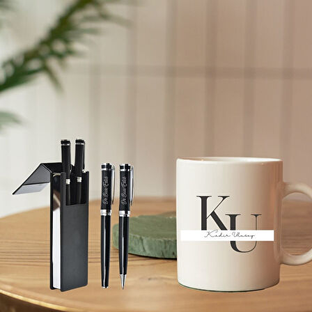 Kişiye Özel İsim Yazılı Kupa ve Kalem Seti | Şık Hediye Kutulu Ofis Seti