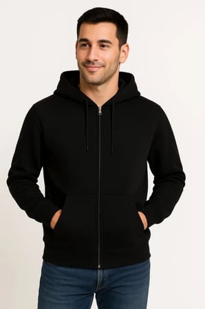 Erkek Üç İplik Kapüşonlu Tam Fermuarlı Kanguru Çepli SweatShirt Hoodie