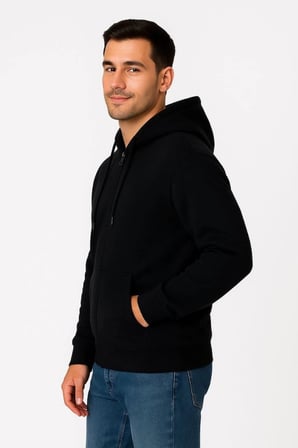 Erkek Üç İplik Kapüşonlu Tam Fermuarlı Kanguru Çepli SweatShirt Hoodie