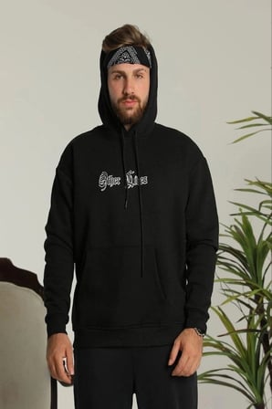 Erkek Kapşonlu Sweatshirt – Oversize Üç İplik Şardonlu Hoodie, “Other Lives” Ön  Arka Baskılı, Kanguru Cepli, Kışlık Rahat Günlük Stil