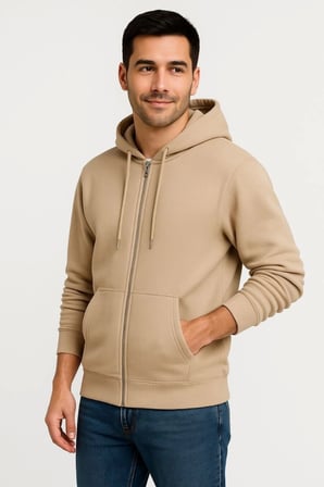 Erkek Üç İplik Kapüşonlu Tam Fermuarlı Kanguru Çepli SweatShirt Hoodie