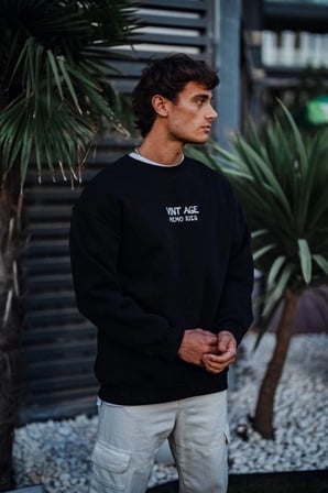 Oversize Bisiklet Yaka Üç İplik Baskılı SweatShirt
