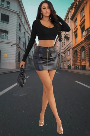 Siyah Derin U Yaka Crop Top Uzun Kollu Dar Kesim Kadın Bluz
