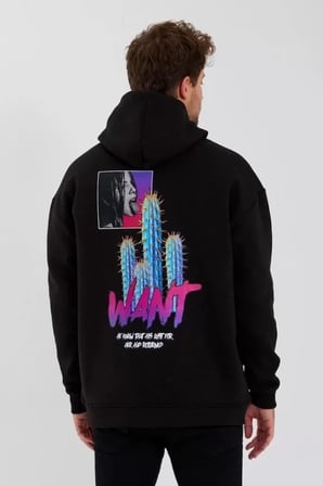 Erkek Baskılı Üç İplik Kapüşonlu Oversize Sweatshirt