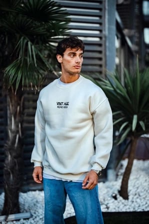Oversize Bisiklet Yaka Üç İplik Baskılı SweatShirt