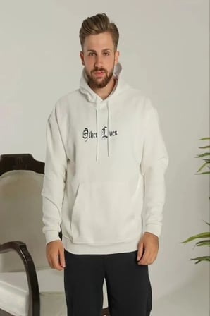 Erkek Sırt Baskılı Oversize Üç İplik Kapüşonlu Sweatshirt