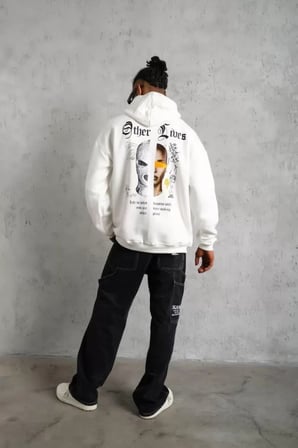 Erkek Sırt Baskılı Oversize Üç İplik Kapüşonlu Sweatshirt