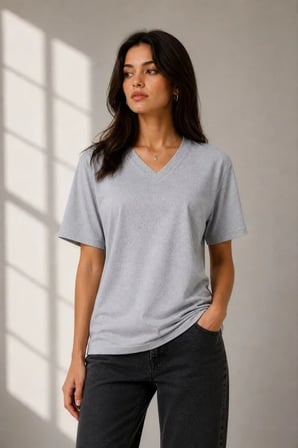 V Yaka Basic Tişört Kısa Kol Yazlık Regular Fit TShirt