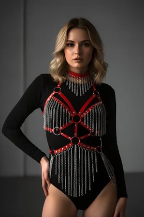 Kırmızı Body Harness Kadın Deri Zincir Detaylı Vücut Aksesuarı - Brf1397
