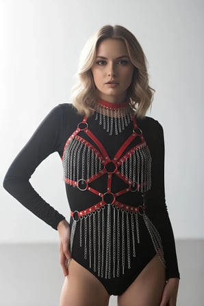 Kırmızı Body Harness Kadın Deri Zincir Detaylı Vücut Aksesuarı - Brf1397