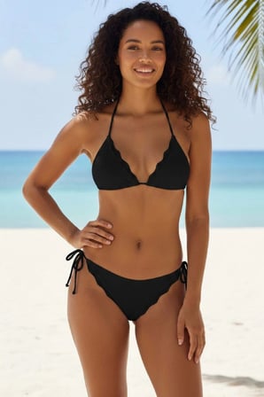 Kadın Siyah Pedli Bel Ve Boyundan Bağlamalı Dantelli Şık Bikini Takımı
